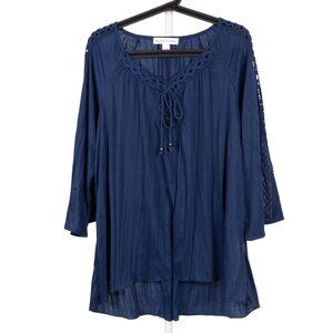 New York Laundry Peasant Blouse L Womens Navy Blue Crochet Tie 3/4 Bell Sleeves